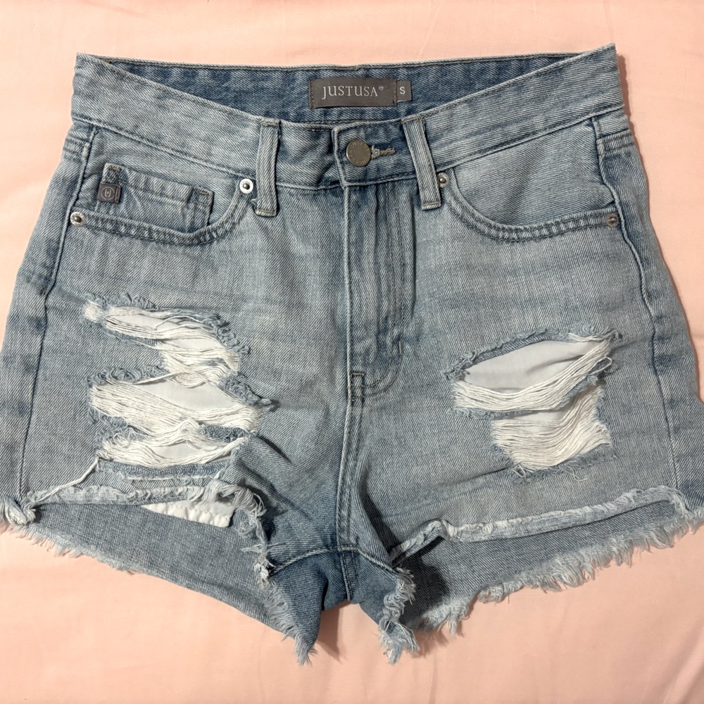 ripped distressed denim jean shorts/microshorts (JUSTUSA)